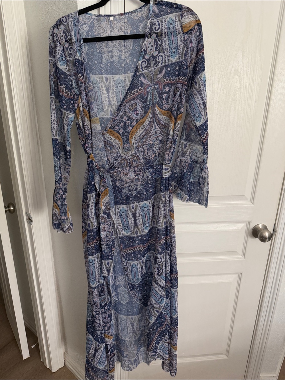 Amazon Blue Paisley Wrap Maxi Dress with Gold Accents